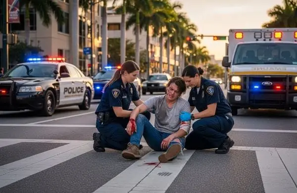 first responders helping an injured pedestrian at a Tampa crosswalk