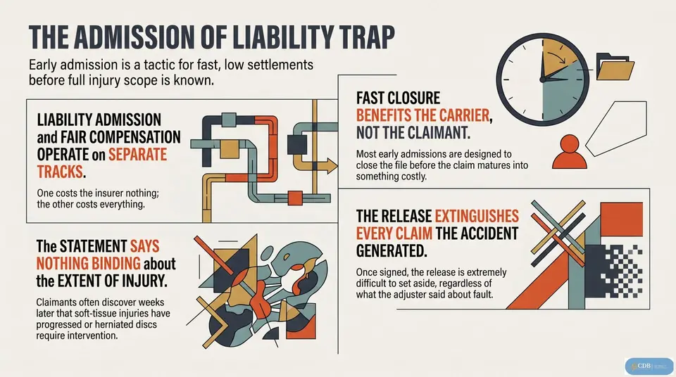 Infographic: the admission of liability trap, why an insurer admitting fault says nothing binding about the extent of injury and how a signed release extinguishes every claim