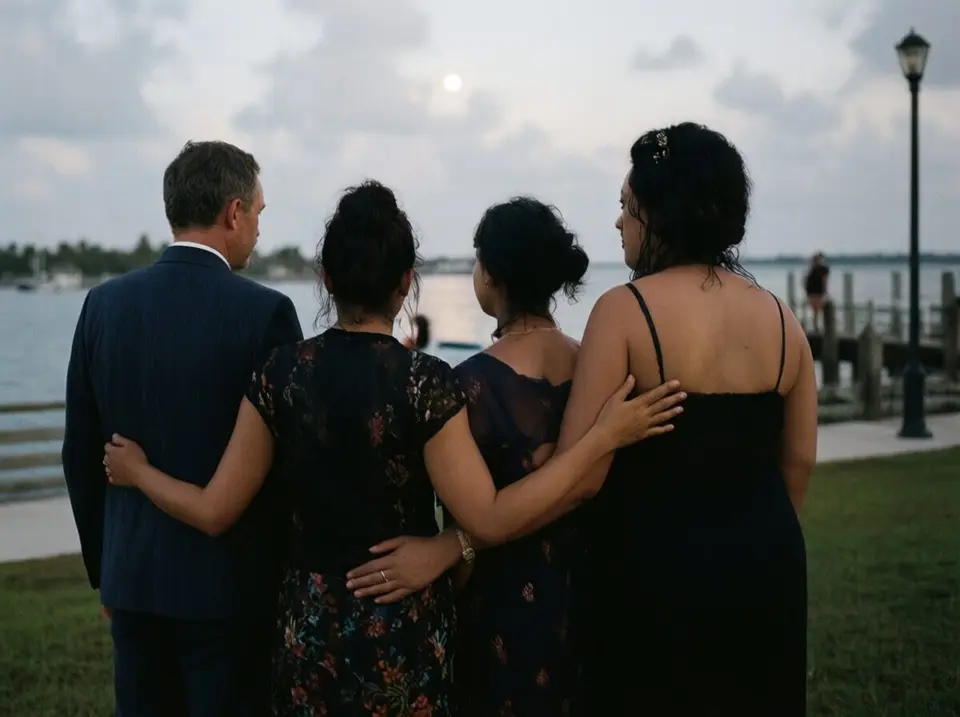 a family standing together in quiet support on a Tampa waterfront at dusk