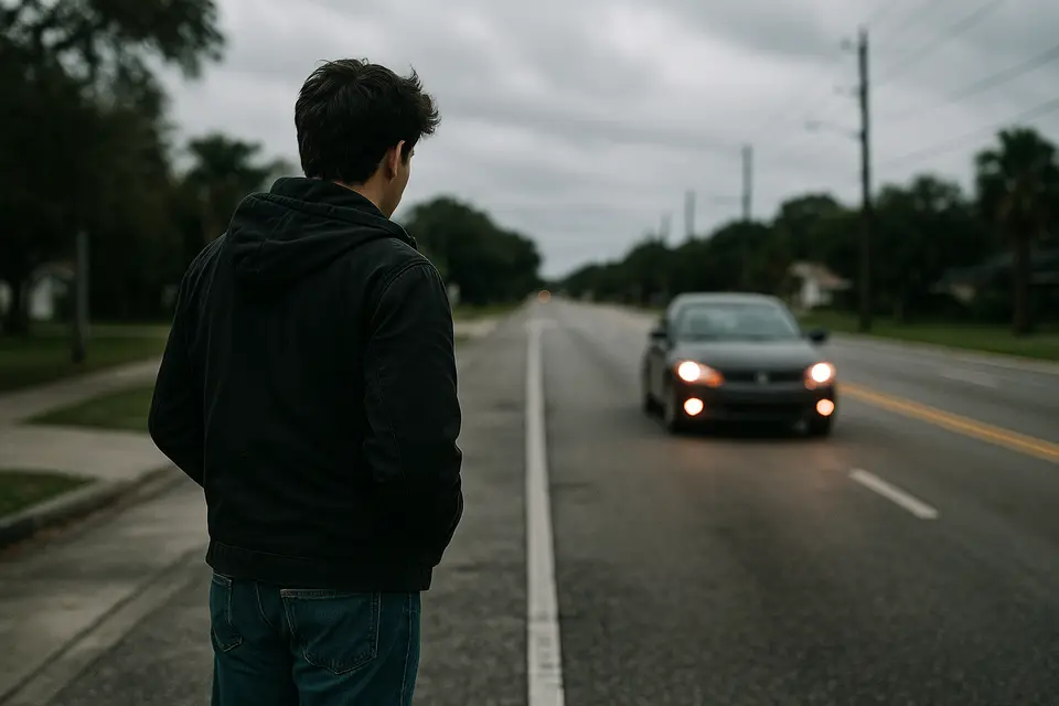 A hesitant bystander at the edge of a quiet street looking toward a stopped car