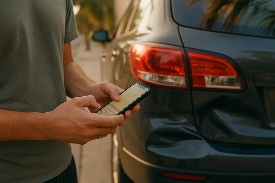 A person typing notes on a phone beside a car with a dented bumper after a crash
