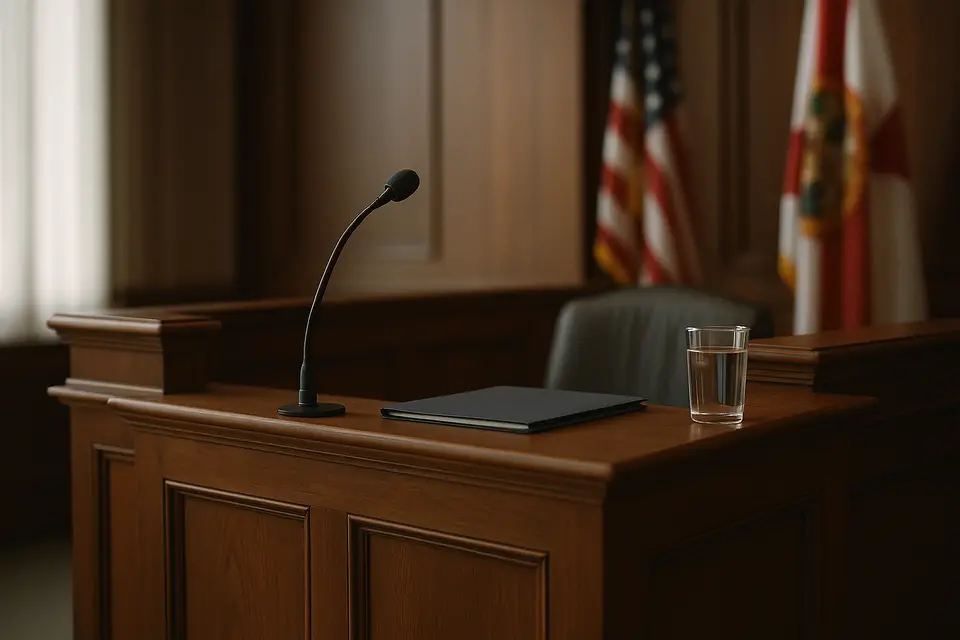 An empty witness stand in a Florida courtroom