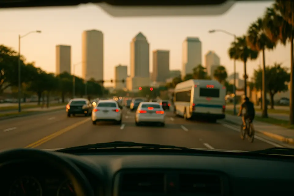 View through a windshield of a busy Tampa boulevard with a bus and a cyclist