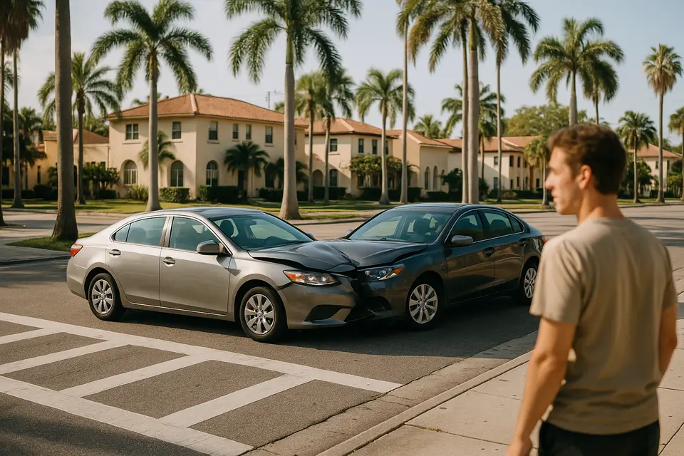 Two cars stopped at a Tampa intersection after a collision, with a bystander looking on